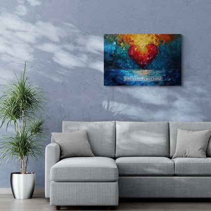 The "Love is Love: Radiant Gay Pride Canvas Wall Art" by Printify (Model PR-6W-002c) features a vibrant painting on polyester canvas. It depicts a large red heart at the center, surrounded by abstract, multicolored brushstrokes in blue, green, yellow, and orange. The text at the bottom reads "Love is love," honoring the LGBTQ+ community with "no more hiding!