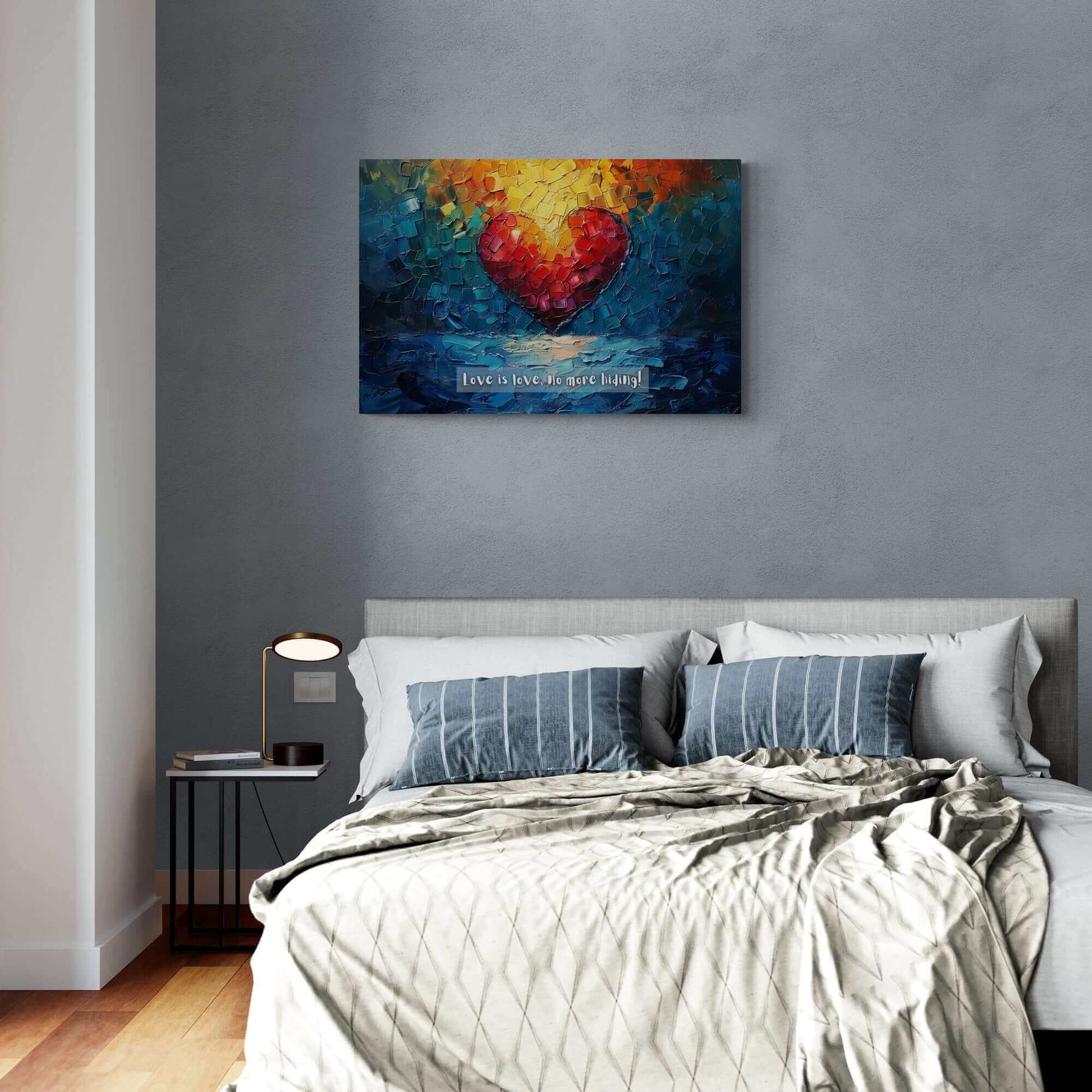 A captivating painting of a heart made from red mosaic tiles with a radiant yellow halo, set against dynamic blue and green brushstrokes. Beneath it, the "Love is Love: Radiant Gay Pride Poster Wall Art" by Printify boldly proclaims in white letters, "Love is love, No more hiding!"—a celebration of the LGBTQ+ community inspired by a heartwarming 6-word story (Product Code: PR-6W-002p).