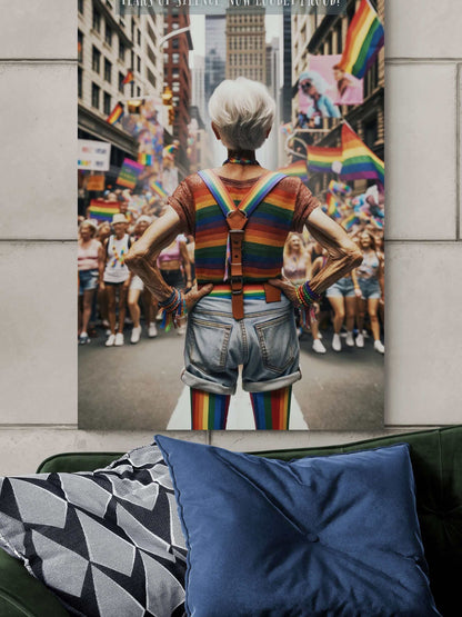 An older person with short white hair stands confidently in a city street, adorned in rainbow-striped clothing and suspenders. Leading a vibrant, colorful crowd waving pride flags, they march at the Pride parade. Text at the top reads "YEARS OF SILENCE NOW LOUDLY PROUD!" celebrating self-acceptance within the LGBTQ+ community. This inspiring moment is captured brilliantly in Printify's "Loud and Proud: Empowering Gay Pride Canvas Wall Art," PR-6W-003c.