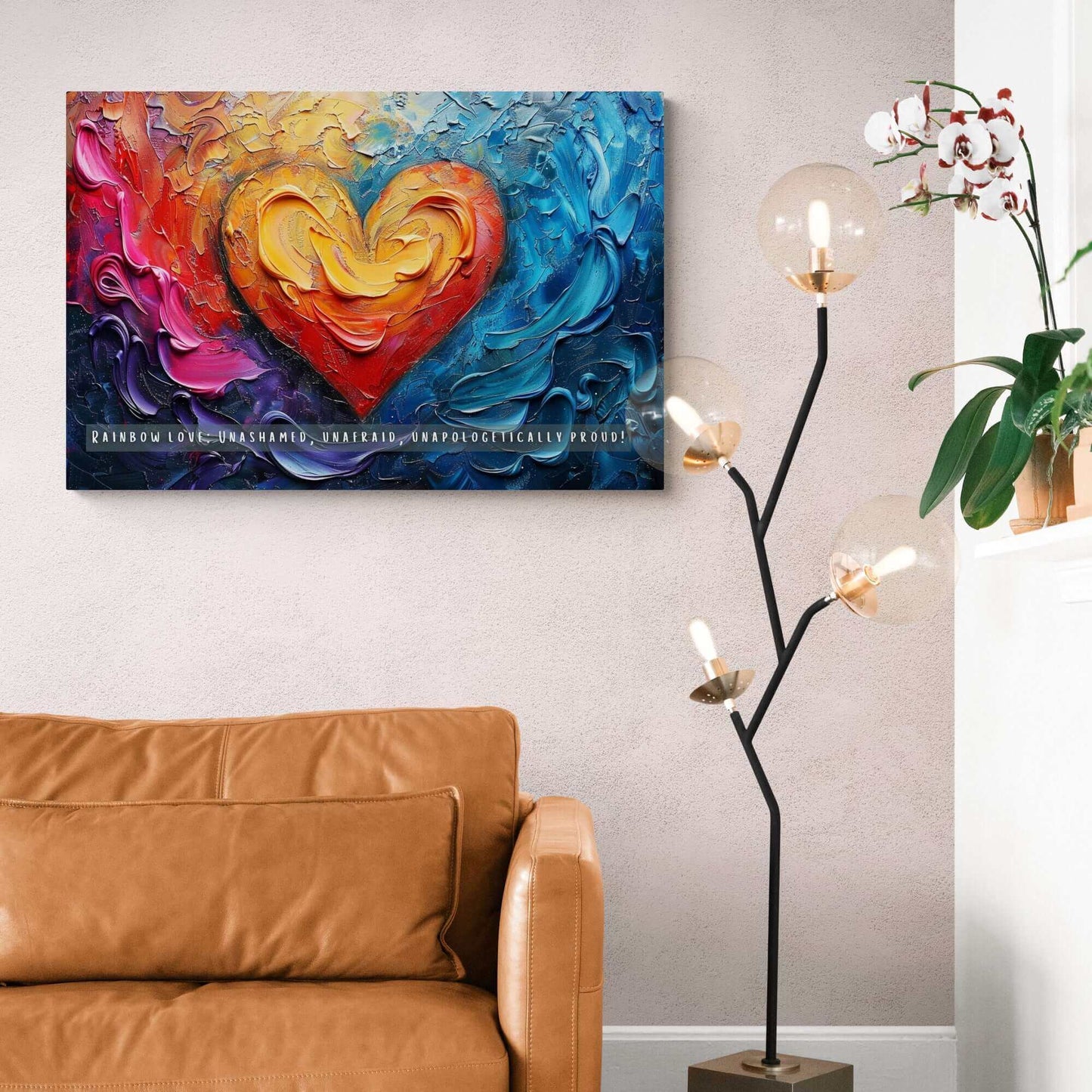 The Rainbow Love: Bold Gay Pride Canvas Wall Art by Printify (PR-6W-004c) features a vividly colorful painting with a heart at the center, surrounded by swirling abstract patterns in shades of red, orange, yellow, blue, and purple. At the bottom, it proudly displays the text: “RAINBOW LOVE: UNASHAMED, UNAFRAID, UNAPOLOGETICALLY PROUD!”—a vibrant celebration of diversity and pride within the LGBTQ+ community.