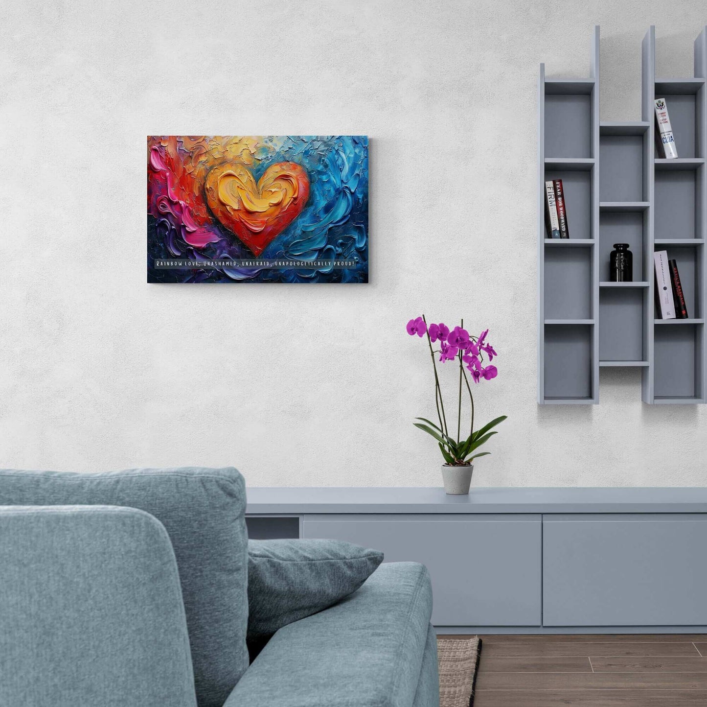 The Rainbow Love: Bold Gay Pride Canvas Wall Art by Printify (PR-6W-004c) features a vividly colorful painting with a heart at the center, surrounded by swirling abstract patterns in shades of red, orange, yellow, blue, and purple. At the bottom, it proudly displays the text: “RAINBOW LOVE: UNASHAMED, UNAFRAID, UNAPOLOGETICALLY PROUD!”—a vibrant celebration of diversity and pride within the LGBTQ+ community.