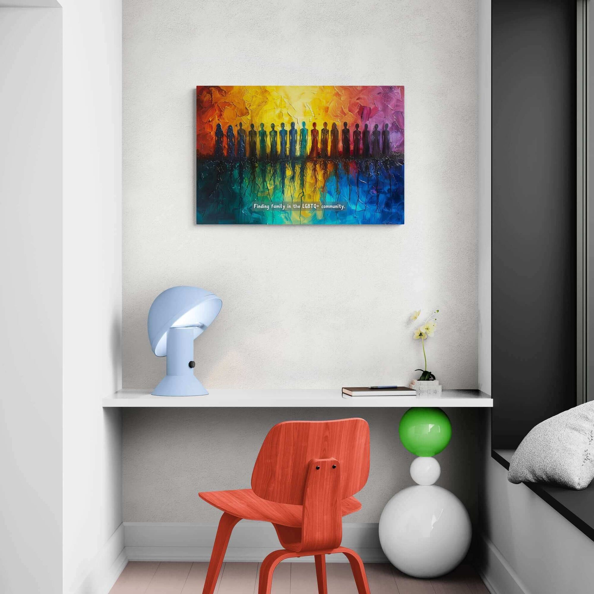 A vivid canvas from Printify, titled "Roots of Pride: Inspiring Gay Pride Canvas Wall Art," depicts a diverse group of silhouetted figures standing in a row. The background transitions seamlessly from warm oranges and yellows to cool blues, reflecting the figures below. Text reads: "Finding unity and pride in the LGBTQ+ community.