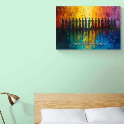 A vivid canvas from Printify, titled "Roots of Pride: Inspiring Gay Pride Canvas Wall Art," depicts a diverse group of silhouetted figures standing in a row. The background transitions seamlessly from warm oranges and yellows to cool blues, reflecting the figures below. Text reads: "Finding unity and pride in the LGBTQ+ community.