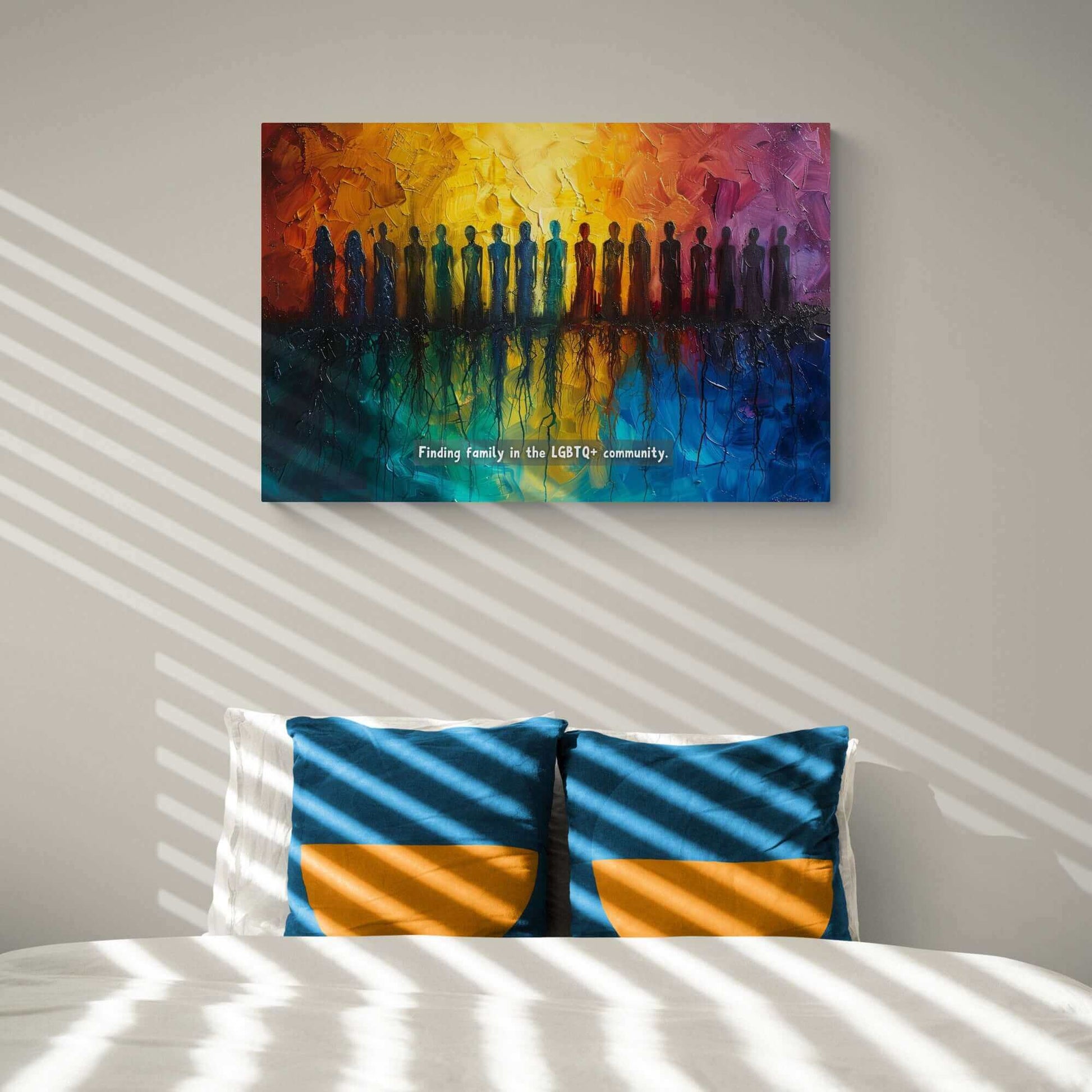 A vivid canvas from Printify, titled "Roots of Pride: Inspiring Gay Pride Canvas Wall Art," depicts a diverse group of silhouetted figures standing in a row. The background transitions seamlessly from warm oranges and yellows to cool blues, reflecting the figures below. Text reads: "Finding unity and pride in the LGBTQ+ community.