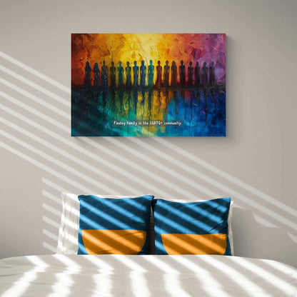 The Roots of Pride: Inspiring Gay Pride Poster Wall Art by Printify features a colorful abstract painting on fine art photo paper, depicting a diverse group of silhouetted figures standing in a line. The background transitions from warm tones of yellow and orange to cool tones of blue and purple. Text at the bottom reads, "Finding unity and pride in the LGBTQ+ community." Product code: PR-6W-005p.