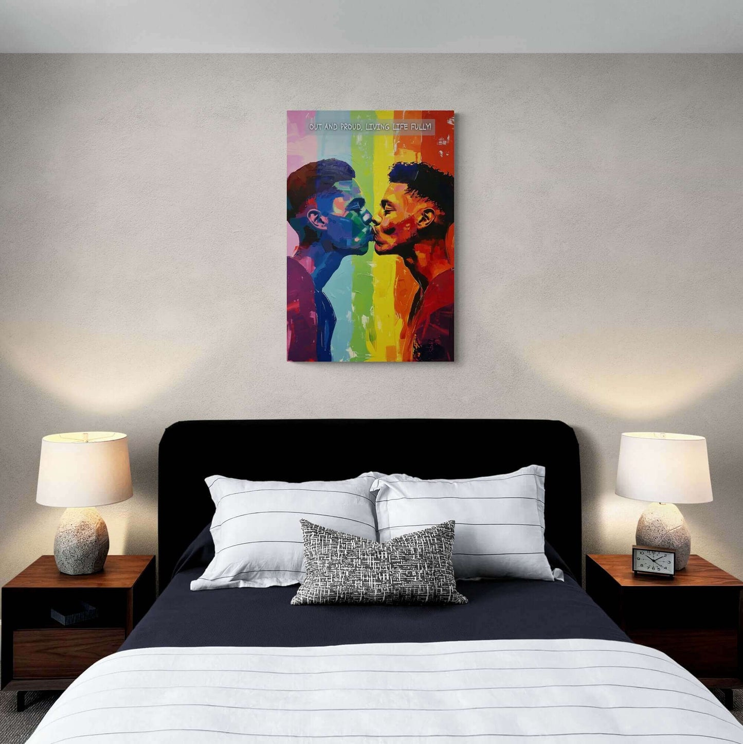 The Living Fully: Vibrant Gay Pride Poster Art by Printify showcases two individuals kissing against a rainbow-colored background with the bold text "OUT AND PROUD, LIVING LIFE FULLY" displayed at the top. This artwork, inspired by a joyful 6-word story, uses bold and expressive brushstrokes along with a spectrum of vibrant colors to celebrate love and authenticity.