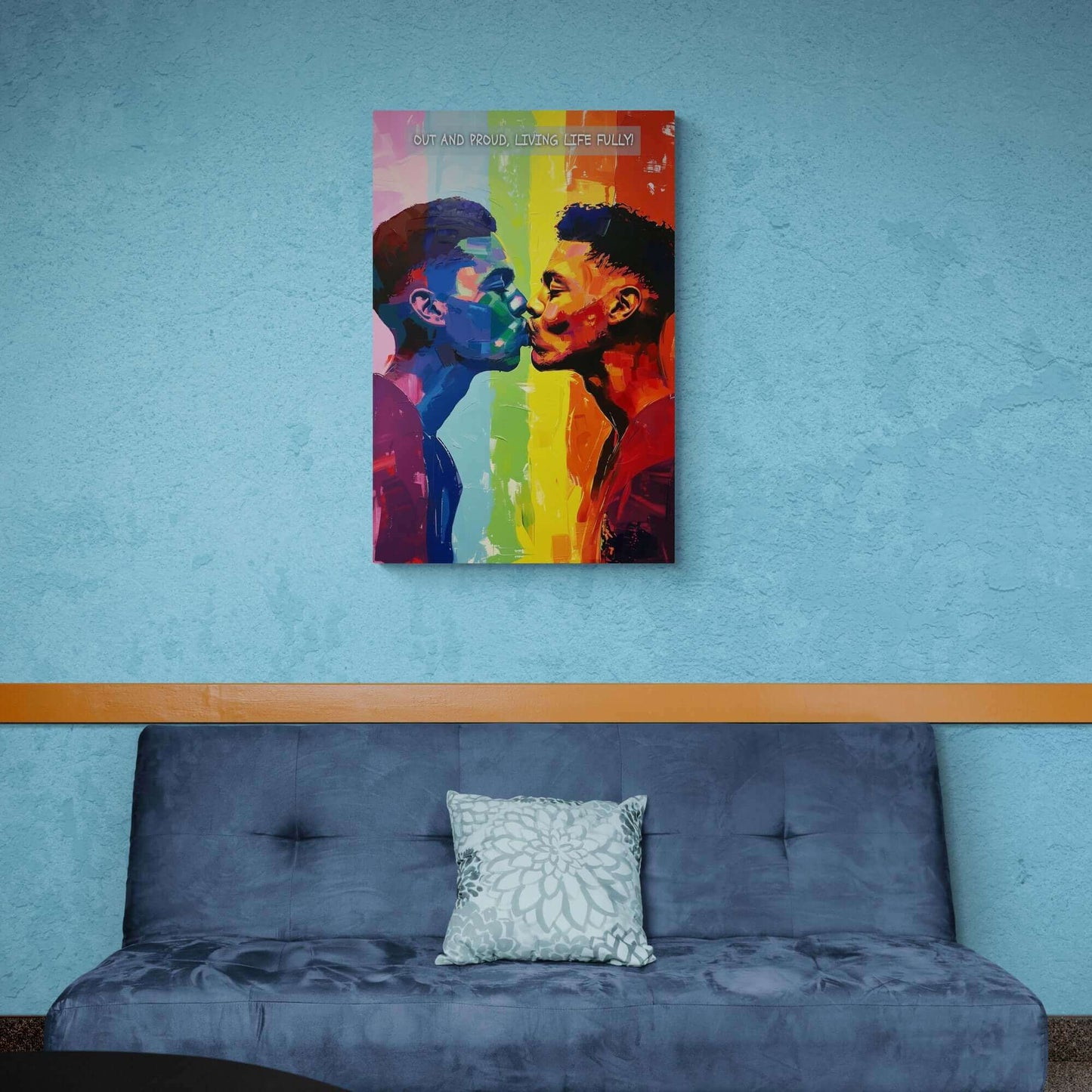 The Living Fully: Vibrant Gay Pride Poster Art by Printify showcases two individuals kissing against a rainbow-colored background with the bold text "OUT AND PROUD, LIVING LIFE FULLY" displayed at the top. This artwork, inspired by a joyful 6-word story, uses bold and expressive brushstrokes along with a spectrum of vibrant colors to celebrate love and authenticity.