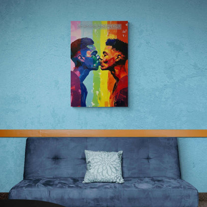 The Living Fully: Vibrant Gay Pride Poster Art by Printify showcases two individuals kissing against a rainbow-colored background with the bold text "OUT AND PROUD, LIVING LIFE FULLY" displayed at the top. This artwork, inspired by a joyful 6-word story, uses bold and expressive brushstrokes along with a spectrum of vibrant colors to celebrate love and authenticity.