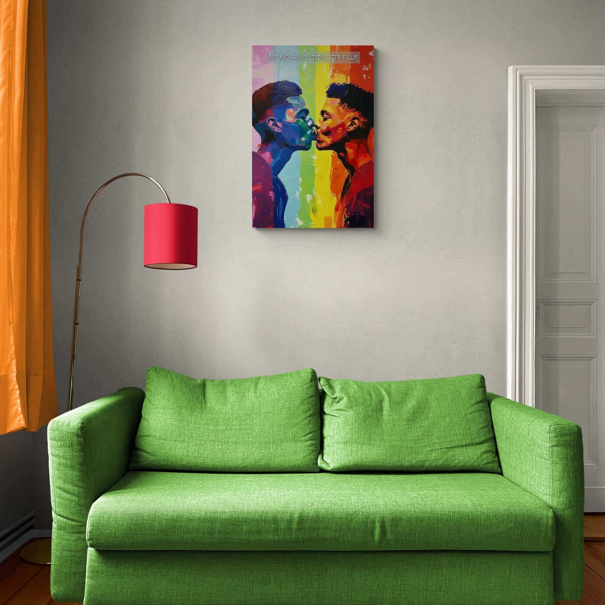 The Living Fully: Vibrant Gay Pride Poster Art by Printify showcases two individuals kissing against a rainbow-colored background with the bold text "OUT AND PROUD, LIVING LIFE FULLY" displayed at the top. This artwork, inspired by a joyful 6-word story, uses bold and expressive brushstrokes along with a spectrum of vibrant colors to celebrate love and authenticity.