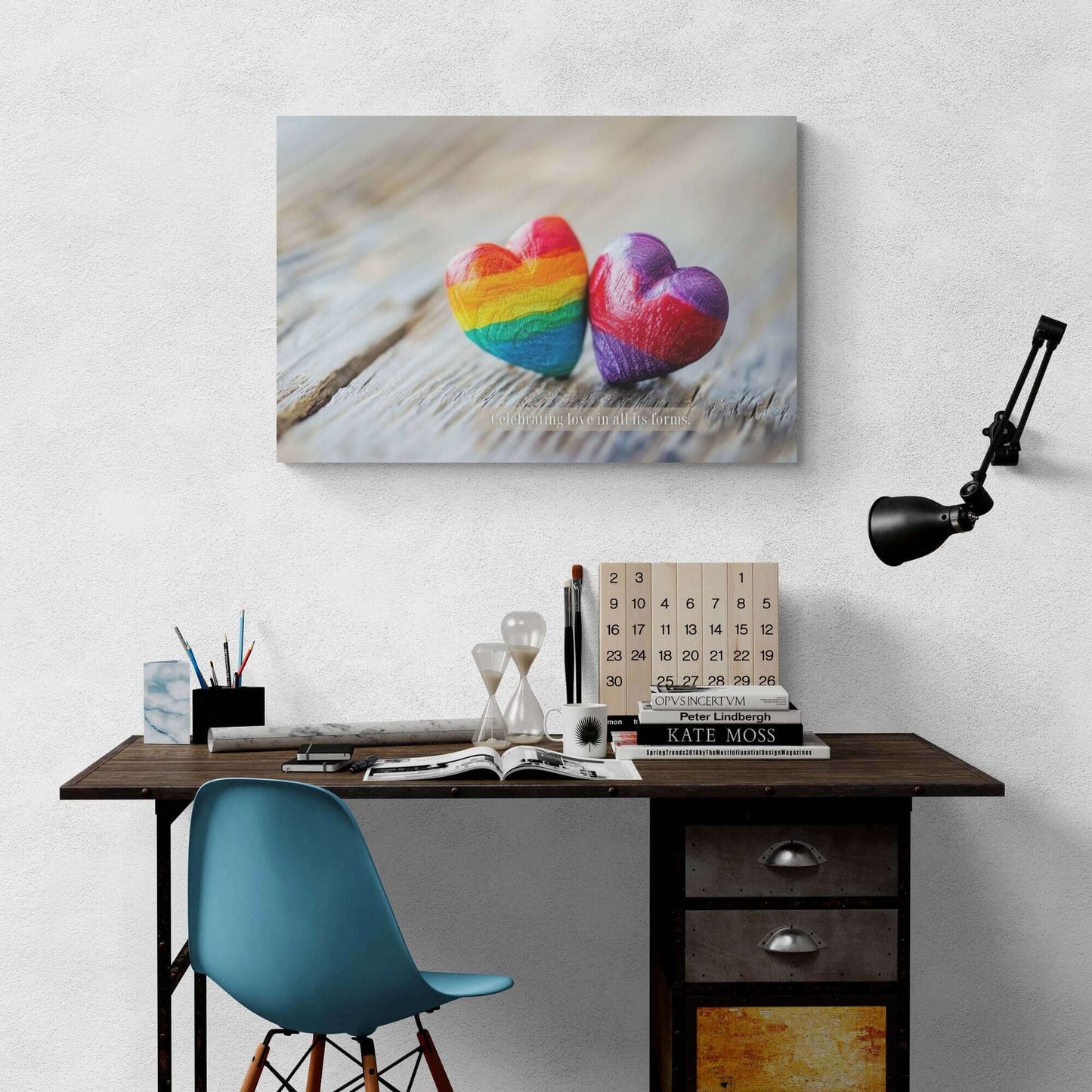 Two small wooden hearts on a wooden surface. The left heart is painted with rainbow colors, and the right heart has a gradient mix of red, purple, and blue. Below the hearts is the text "Celebrating love in all its forms," embracing pride and diversity. This artwork perfectly captures the essence of Printify's "Love in All Forms: Beautiful Gay Pride Poster Wall Art, Inspired by Heartfelt 6-Word Story | PR-6W-007p.