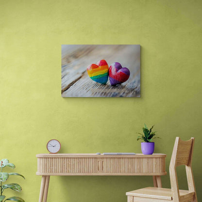 Two small wooden hearts on a wooden surface. The left heart is painted with rainbow colors, and the right heart has a gradient mix of red, purple, and blue. Below the hearts is the text "Celebrating love in all its forms," embracing pride and diversity. This artwork perfectly captures the essence of Printify's "Love in All Forms: Beautiful Gay Pride Poster Wall Art, Inspired by Heartfelt 6-Word Story | PR-6W-007p.