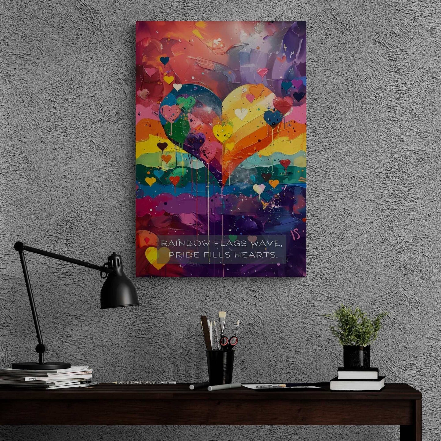 A vibrant art piece from Printify, titled "Hearts of Pride: Colorful Gay Pride Poster Wall Art, Inspired by Joyful 6-Word Story | PR-6W-009p," showcases a large rainbow heart surrounded by smaller multicolored hearts. The background bursts with shades of red, orange, yellow, green, blue, and purple. At the bottom is the text: "RAINBOW FLAGS WAVE, HEARTS OF PRIDE.