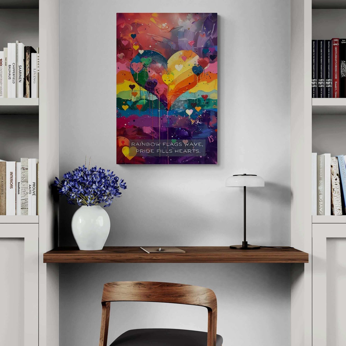 A vibrant art piece from Printify, titled "Hearts of Pride: Colorful Gay Pride Poster Wall Art, Inspired by Joyful 6-Word Story | PR-6W-009p," showcases a large rainbow heart surrounded by smaller multicolored hearts. The background bursts with shades of red, orange, yellow, green, blue, and purple. At the bottom is the text: "RAINBOW FLAGS WAVE, HEARTS OF PRIDE.