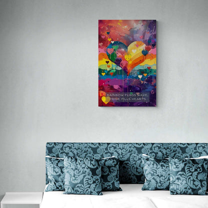 A vibrant art piece from Printify, titled "Hearts of Pride: Colorful Gay Pride Poster Wall Art, Inspired by Joyful 6-Word Story | PR-6W-009p," showcases a large rainbow heart surrounded by smaller multicolored hearts. The background bursts with shades of red, orange, yellow, green, blue, and purple. At the bottom is the text: "RAINBOW FLAGS WAVE, HEARTS OF PRIDE.