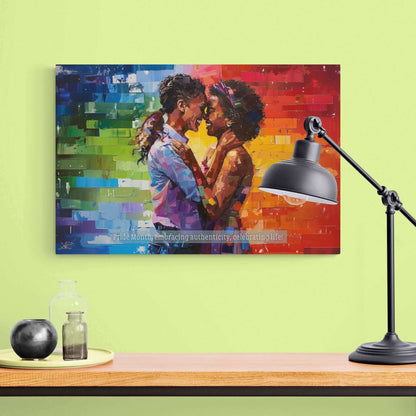 The Exuberant Gay Pride Poster Wall Art by Printify showcases a vivid, rainbow-hued painting of two women sharing an affectionate embrace, their eyes locked with love. The background transitions through a spectrum of rainbow colors. A heartfelt message at the bottom reads, "Pride Month: embracing authenticity, celebrating life!" This dynamic artwork beautifully captures the essence of the LGBTQ+ community.