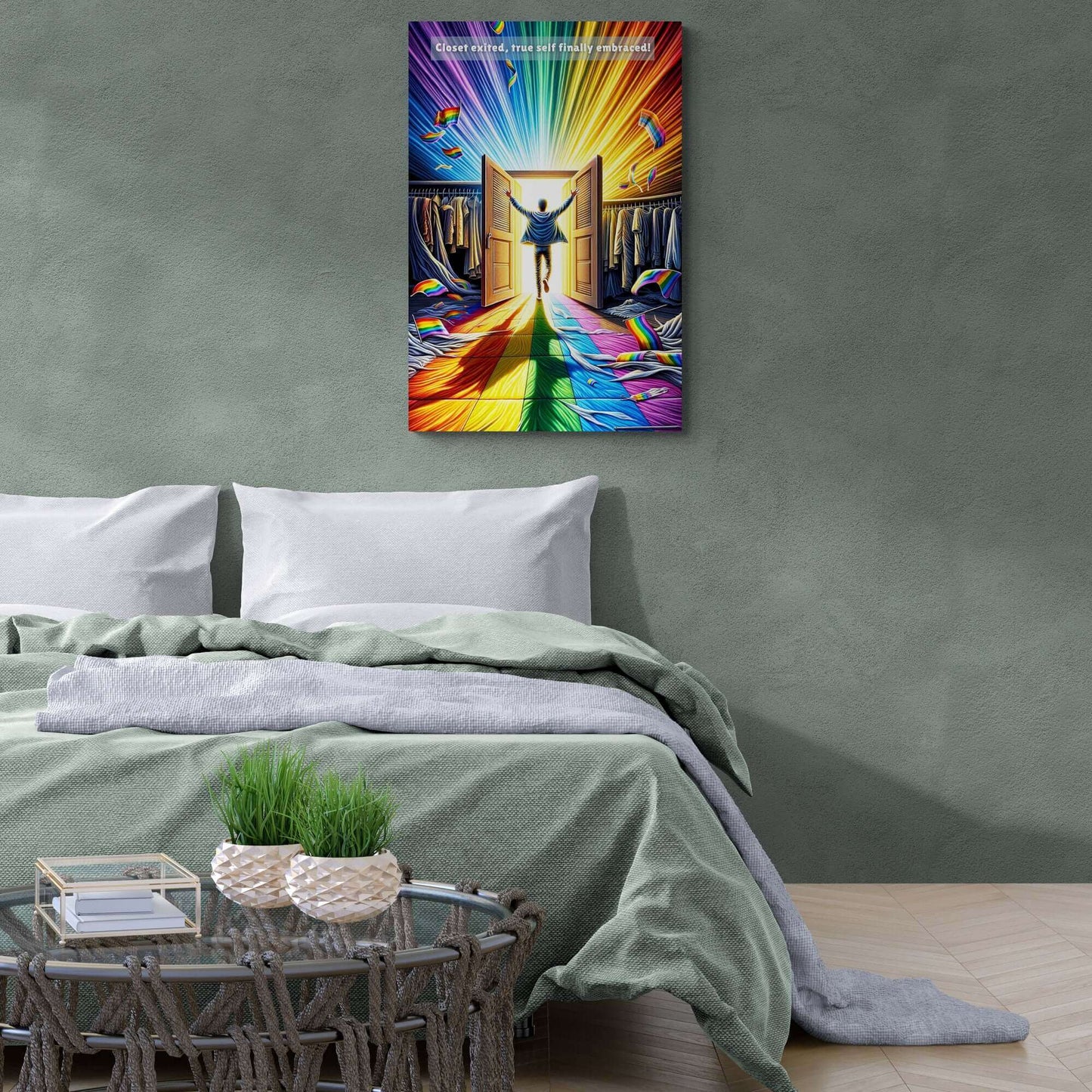 A person joyfully stands at the threshold of an open closet, with colorful, radiant light pouring out, forming a rainbow path. Clothes with rainbow patterns are scattered around. Above, the text reads: "Closet exited, true self finally embraced!" Celebrate self-acceptance and LGBTQ+ pride with the Out of the Closet: Vibrant Gay Pride Poster Wall Art by Printify (PR-6W-001p).