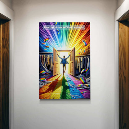 A person joyfully stands at the threshold of an open closet, with colorful, radiant light pouring out, forming a rainbow path. Clothes with rainbow patterns are scattered around. Above, the text reads: "Closet exited, true self finally embraced!" Celebrate self-acceptance and LGBTQ+ pride with the Out of the Closet: Vibrant Gay Pride Poster Wall Art by Printify (PR-6W-001p).