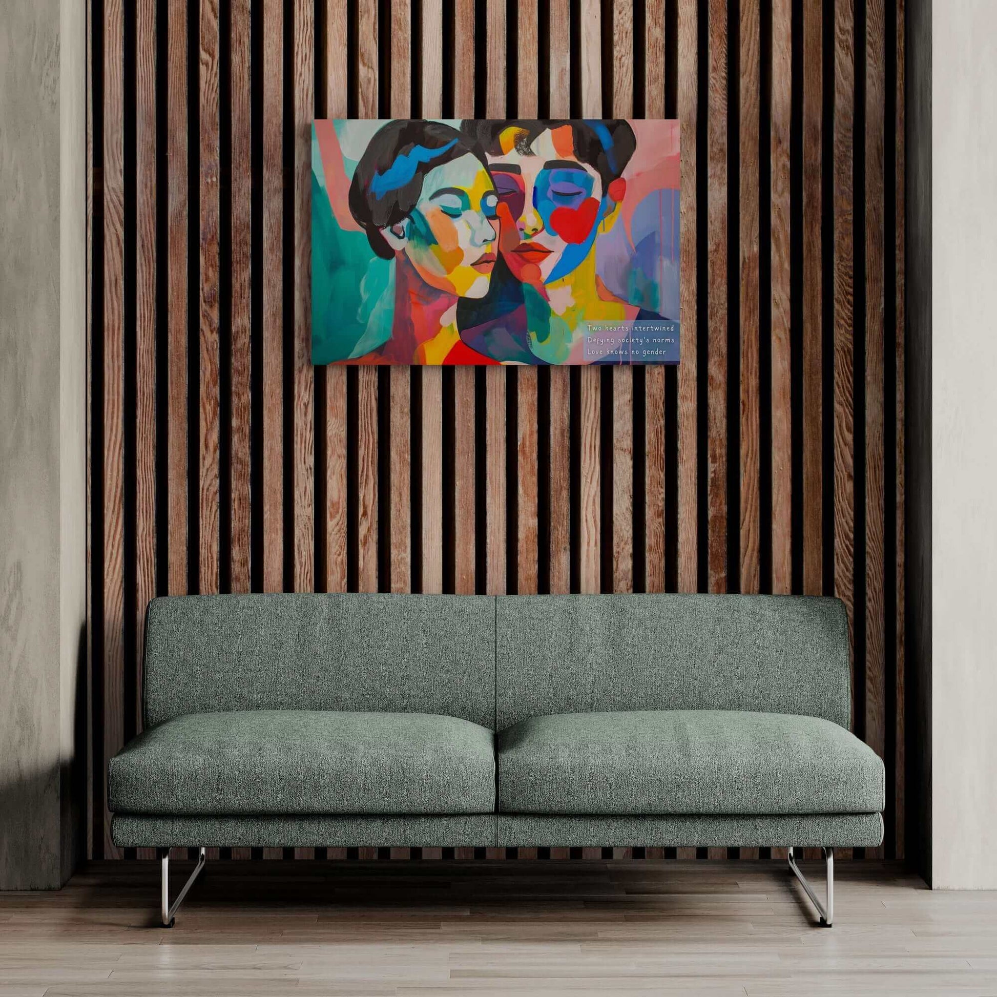 Vibrant abstract couple poster wall art titled "Intertwined Love" displayed above a modern green sofa, celebrating love beyond societal norms.