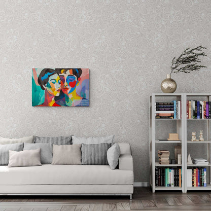 Abstract couple canvas wall art with vibrant colors, "Intertwined Love," displayed in modern living room, celebrating love beyond societal norms.