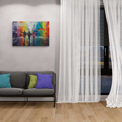 Vibrant City Parade Canvas Wall Art "Marching Together" celebrating Pride and unity displayed in a modern living room.