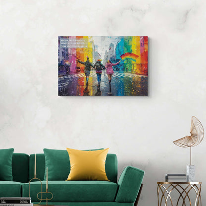 Vibrant city parade canvas wall art celebrating Pride with colorful depiction of unity and determination hanging above green couch in modern living room