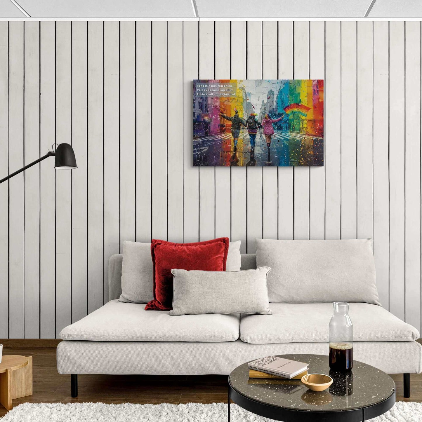 Vibrant city parade canvas wall art titled "Marching Together" displayed above a modern white sofa in a cozy living room setting.