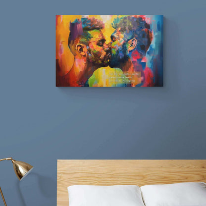 Vibrant Pride Celebration Canvas Wall Art with Two Men Kissing, Inspired by Electrifying Haiku, Love Blooms Collection