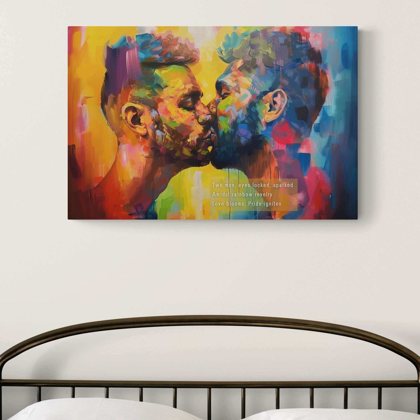 Vibrant Pride celebration canvas art of two men kissing, inspired by an electrifying haiku, "Love Blooms: Passionate connection amidst rainbow revelry."