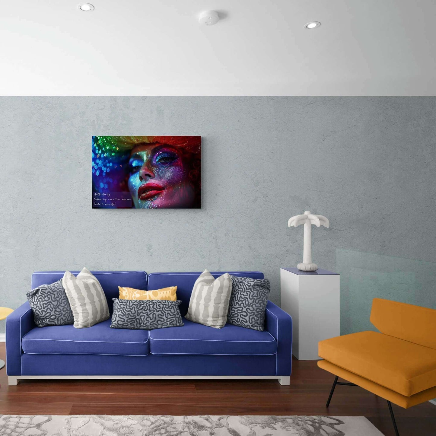 Vibrant Pride Celebration Canvas with drag queen art print, featuring bold colors and empowering haiku, displayed in modern living room.