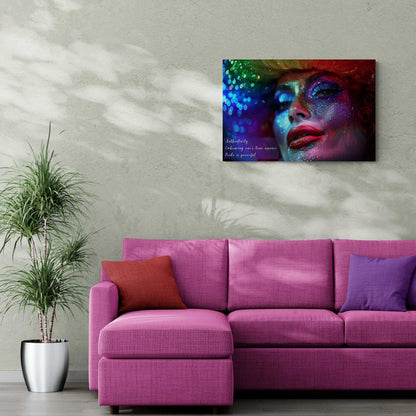 Vibrant Pride Celebration Canvas featuring drag queen art print with empowering haiku, displayed above a purple sofa in stylish living room.