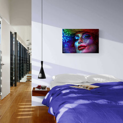 Vibrant Pride Celebration Canvas with empowering haiku and drag queen art print hanging in a modern bedroom.