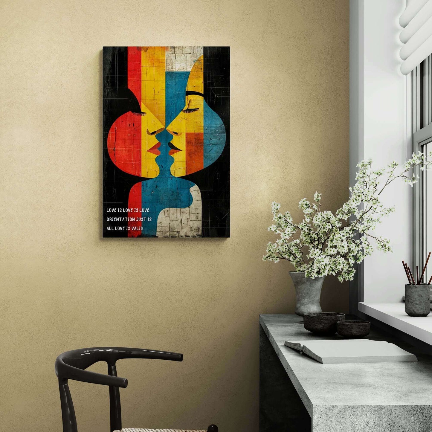 Abstract Pride poster with two faces in unity, vibrant colors, geometric shapes, and a celebratory haiku on a modern wall in a stylish room.