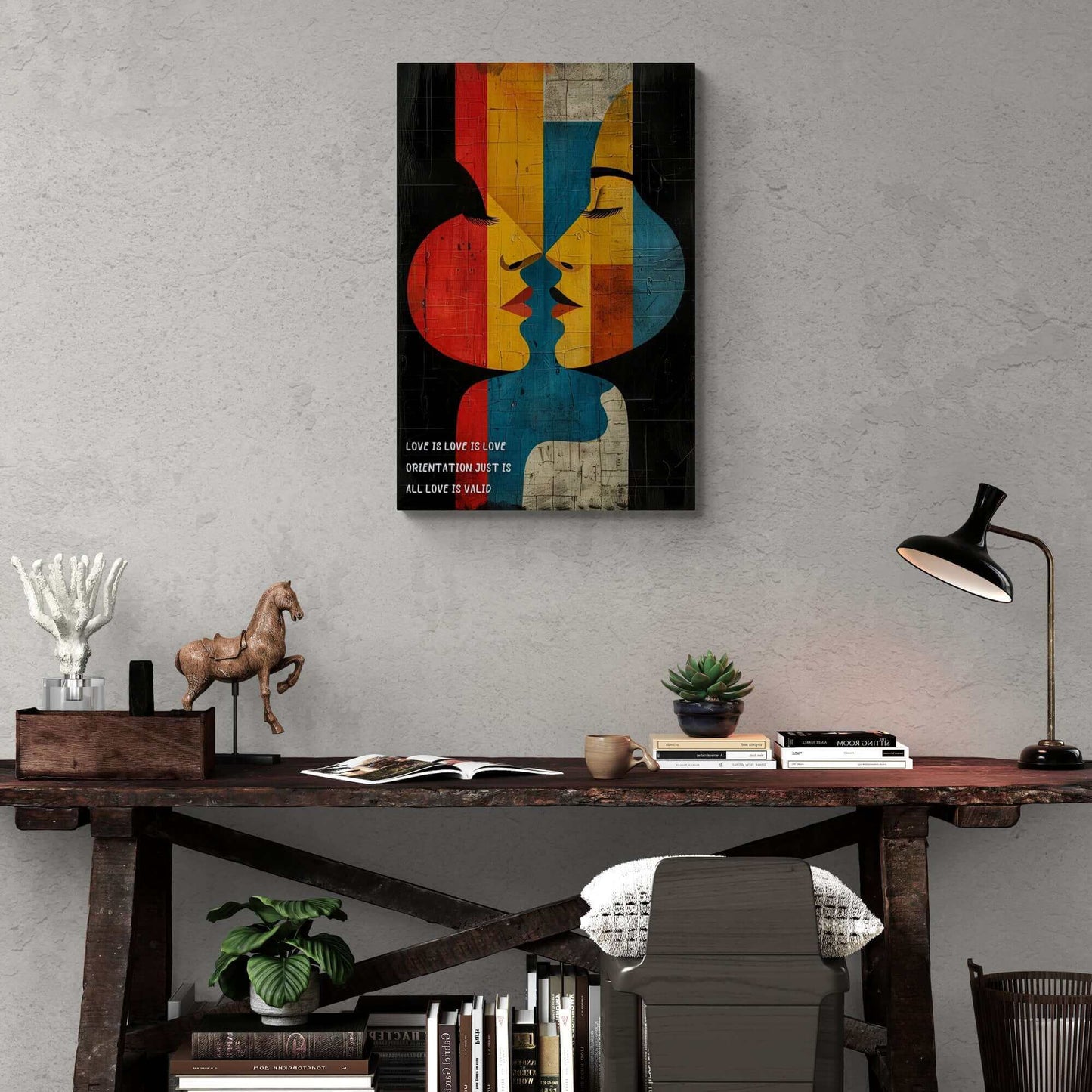 Abstract Pride Poster Wall Art featuring two faces in vibrant geometric shapes, celebrating love and diversity, displayed above a rustic desk