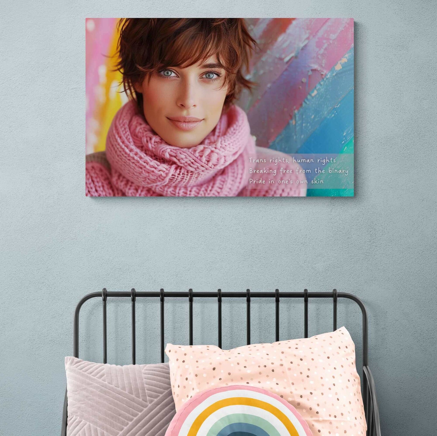 Pride in One's Skin: Empowering Trans Rights Canvas Wall Art with Haiku Inspiring Resilience and Beauty, Serene Portrait in Pink Scarf