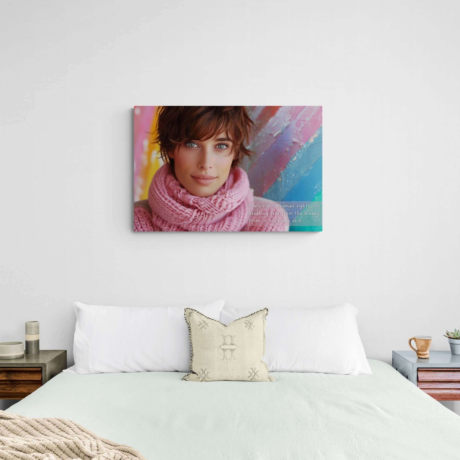 Empowering Trans Rights Canvas Wall Art, "Pride in One's Skin", featuring serene portrait, inspired by reflective haiku, above modern bed