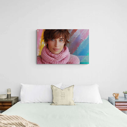 Empowering Trans Rights Canvas Wall Art, "Pride in One's Skin", featuring serene portrait, inspired by reflective haiku, above modern bed