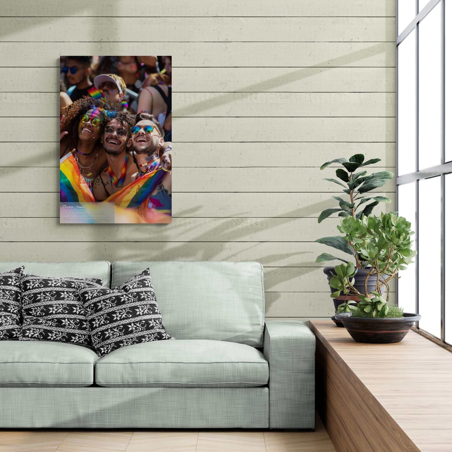 Celebratory poster wall art showcasing a joyful group of friends in rainbow accessories, embodying pride and unity in a modern living room.