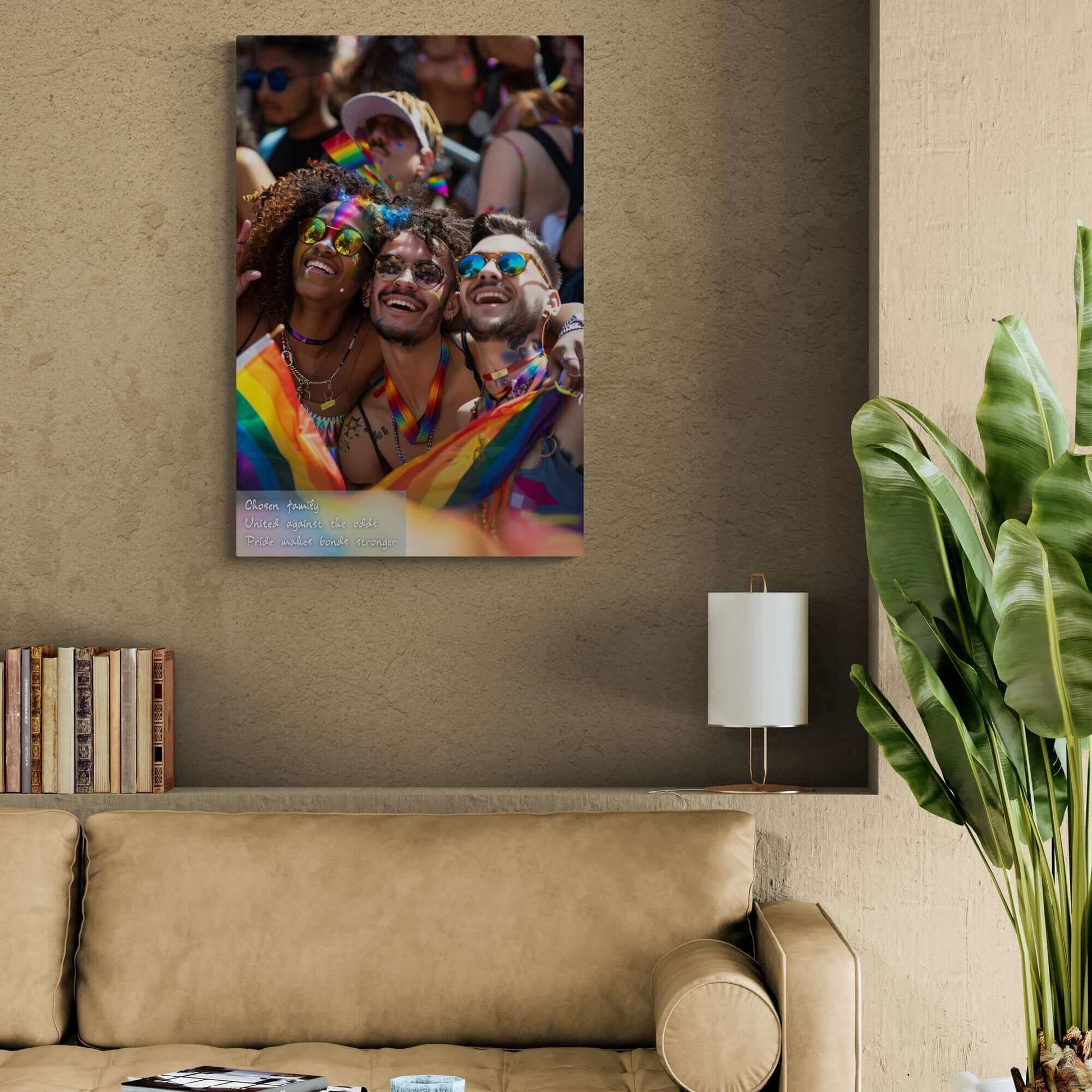 United by Pride: Celebrating Chosen Family Poster Wall Art, vibrant friends with rainbow accessories, joyfully celebrating Pride.