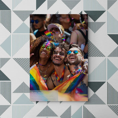 Celebrating Chosen Family Poster Wall Art showcasing happy friends with rainbow accessories at Pride parade