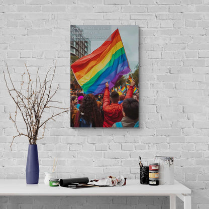 Wall art poster "March Onward" showing individuals waving a rainbow flag during a Pride parade, symbolizing progress and equality.