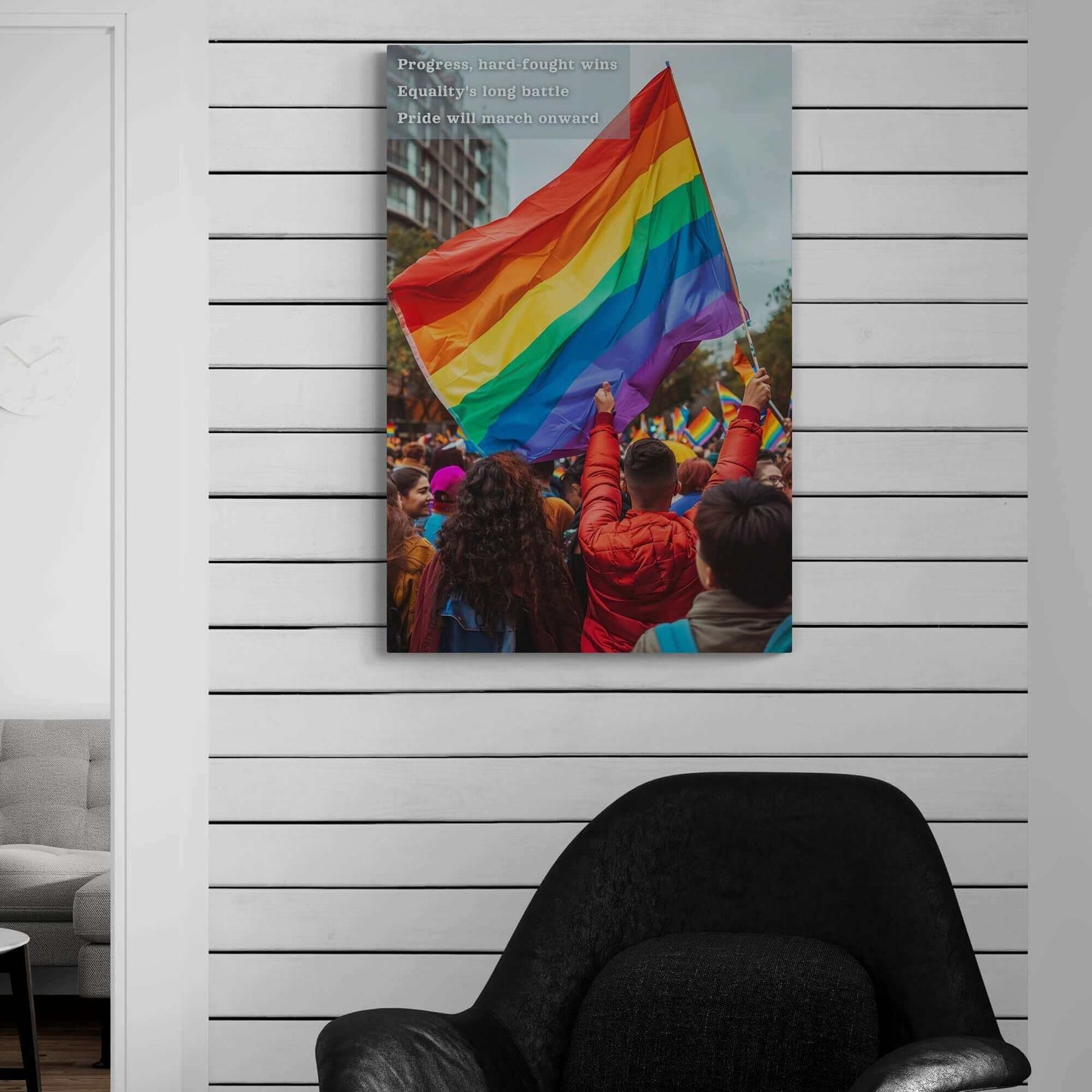 Pride parade wall art "March Onward" featuring individuals waving a rainbow flag, symbolizing progress and the fight for equality.