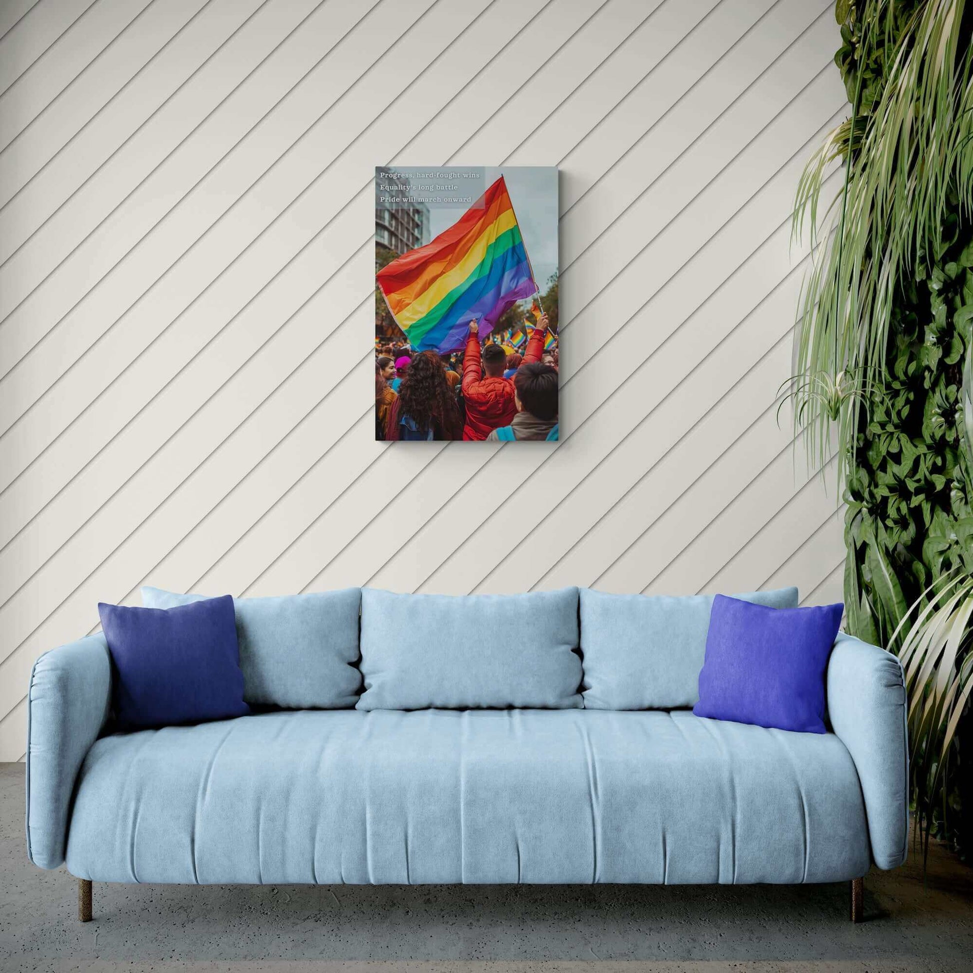 "March Onward" celebrating equality poster wall art showing a vibrant Pride parade with individuals waving a rainbow flag above a stylish blue sofa