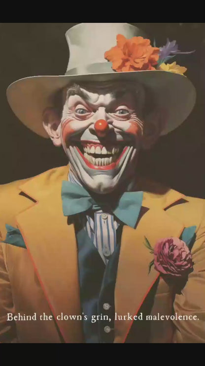 The Sinister Grin: Vibrant Clown Poster Wall Decor with Chilling 6-Word Story