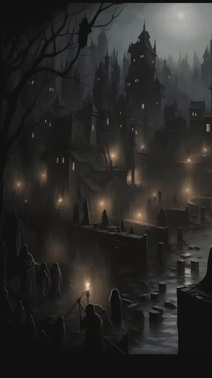 Eerie City: Haunting Gothic Style Poster Art with Chilling Limerick