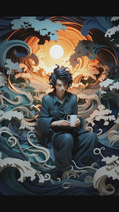 Contemplation on the Waves: Japanese-Inspired Layered Paper Fantasy Canvas Wall Art