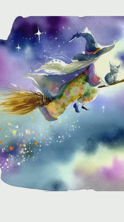 Starlit Witch's Whimsy: Enchanted Watercolor Poster Wall Art Based on Funny Limerick