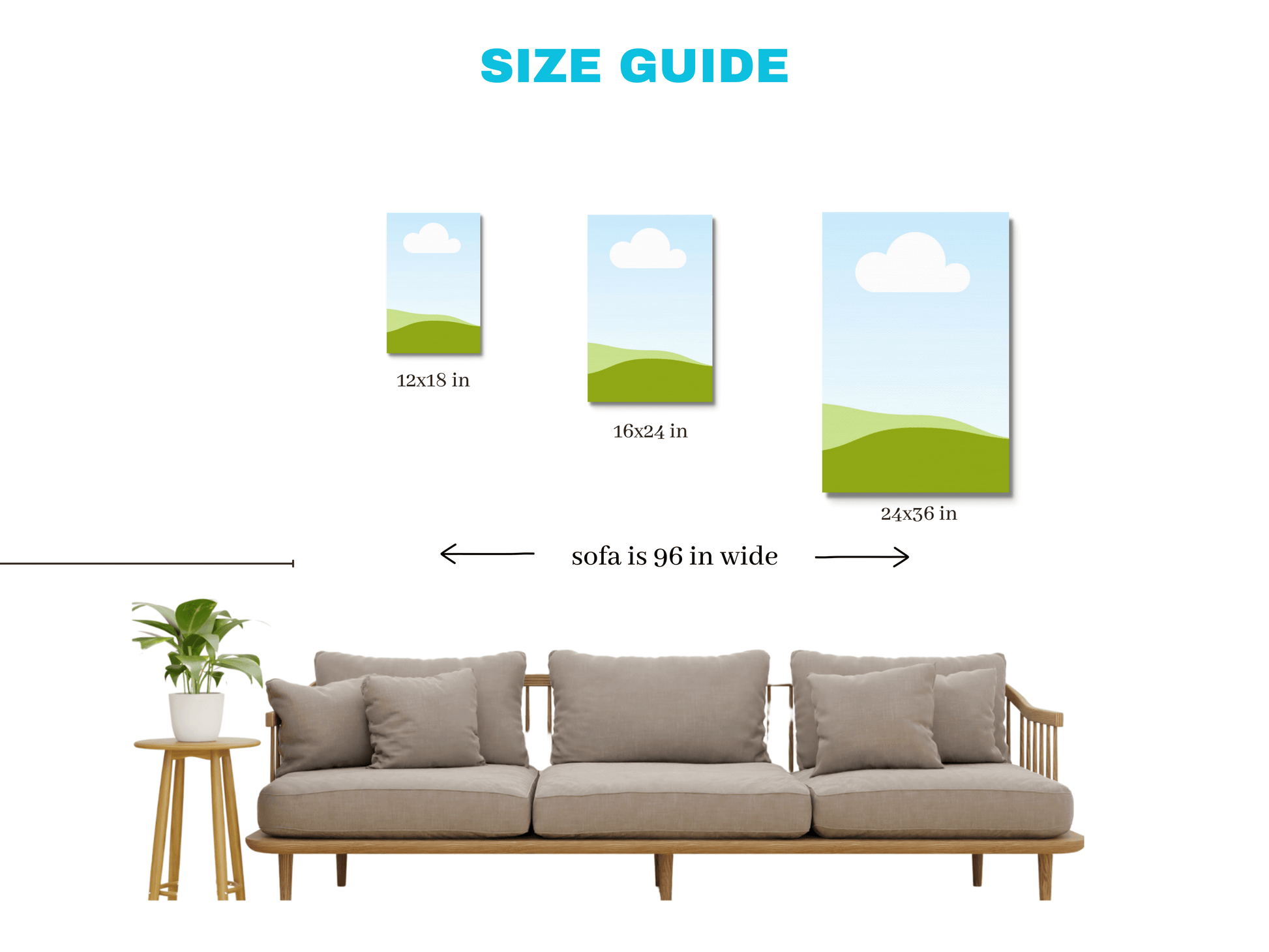 Size guide for canvas art prints displayed above a 96-inch wide sofa, showing options of 12x18, 16x24, and 24x36 inches.