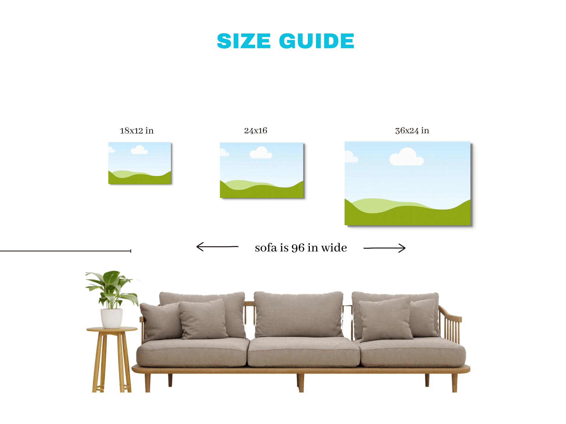 Introducing the Printify Asian-Inspired Canvas Wall Art with Bonsai & Clever Haiku, available in three elegant frame sizes: 18x12 inches, 24x16 inches, and 36x24 inches. Each canvas showcases a serene landscape of hills and clouds. Below the canvases is a stylish setup featuring a sofa that is 96 inches wide, accompanied by a side table adorned with a bonsai tree and a potted plant on its left.